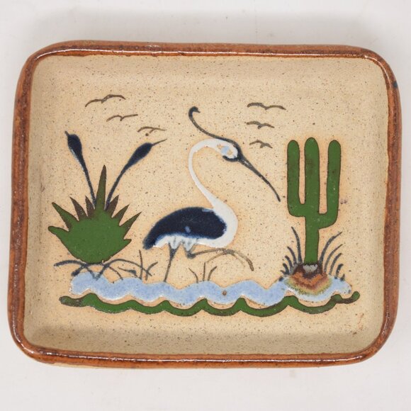 Tonala Tray Trinket Dish Signed S Mexico Heron Bird Rustic Folk Art Pottery Boho - Picture 1 of 10